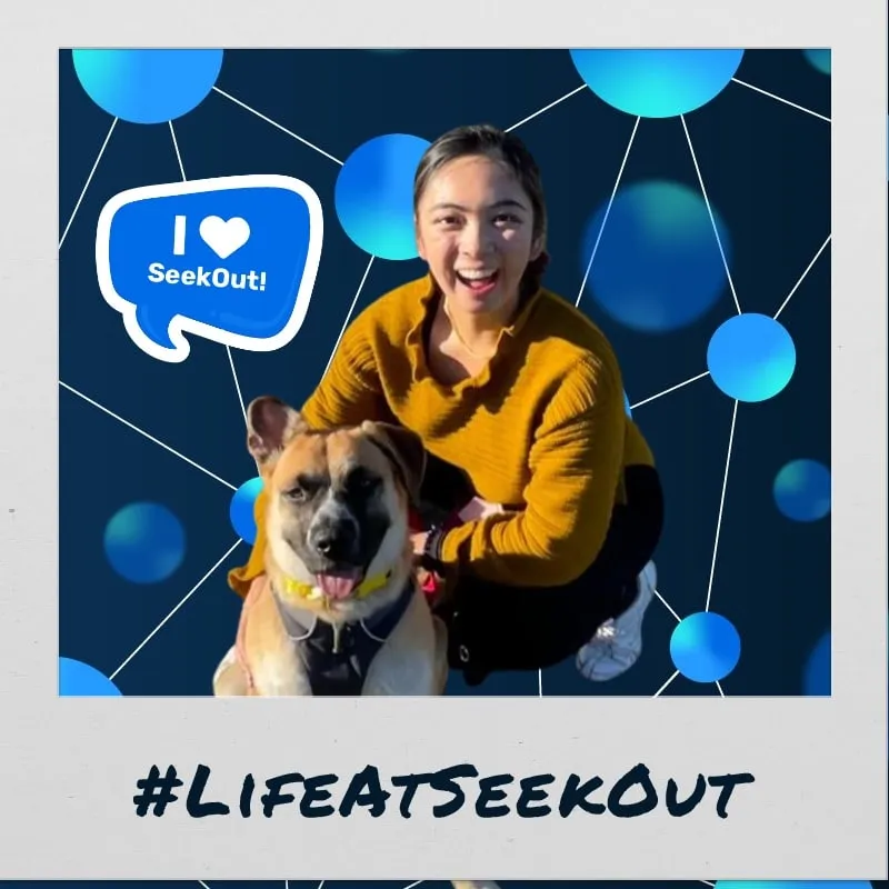 Photo booth snapshot of a guest with her dog on a polaroid style Life at SeekOut frame