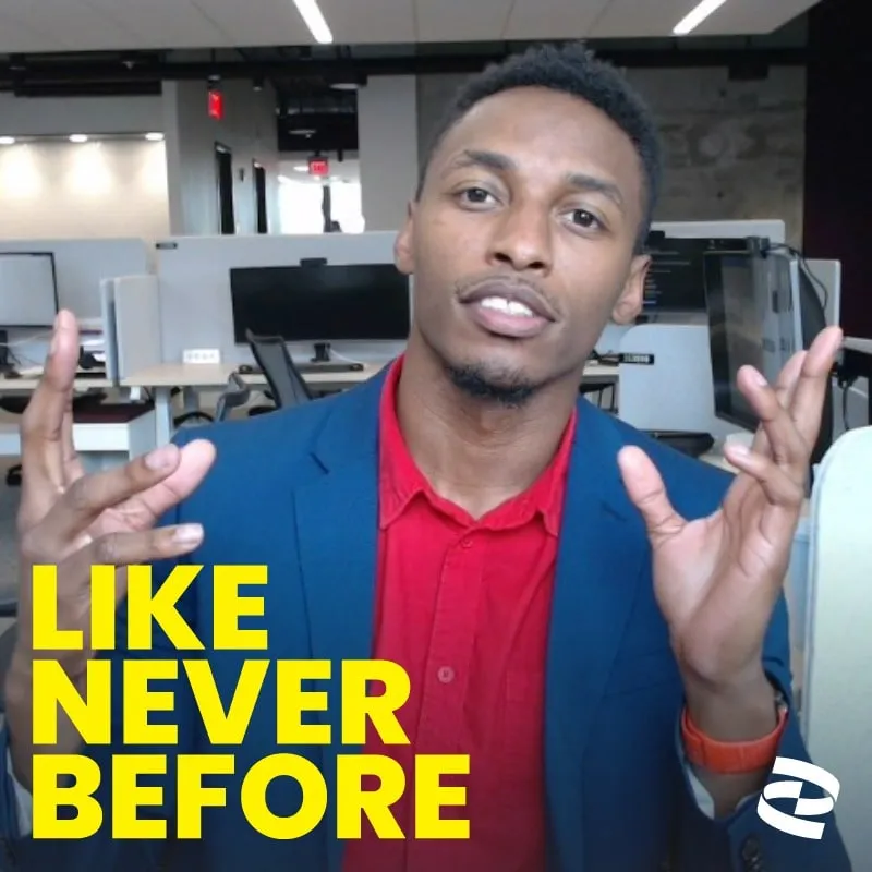 Photo booth snapshot of a guest gesturing with both hands on a Like Never Before frame