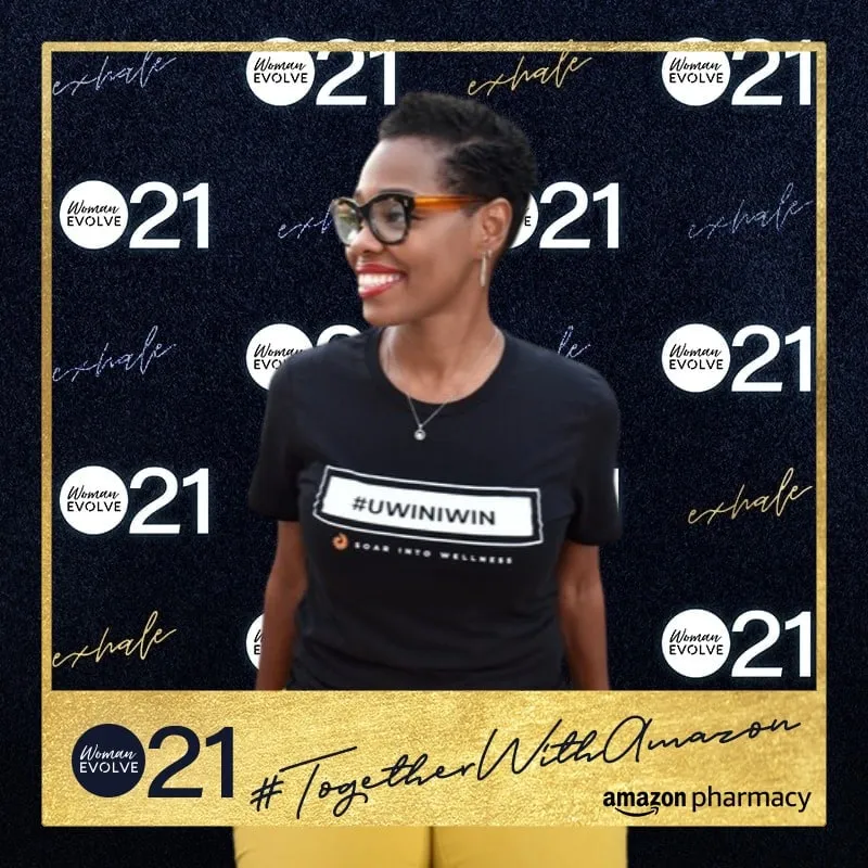 Photo booth snapshot of a guest in a U Win I Win shirt on a Woman Evolve 21 frame with Amazon Pharmacy branding