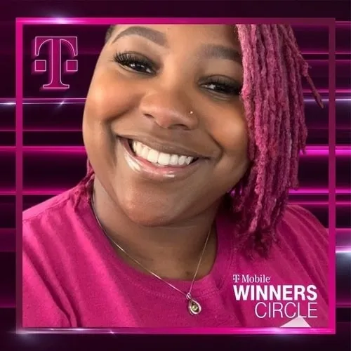 Photo booth snapshot of a guest with pink locs on a magenta T-Mobile Winners Circle frame