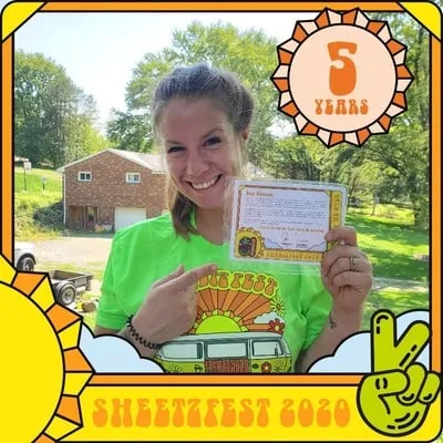 Photo booth snapshot of a guest holding a card on a retro Sheetzfest 2020 frame celebrating 5 years