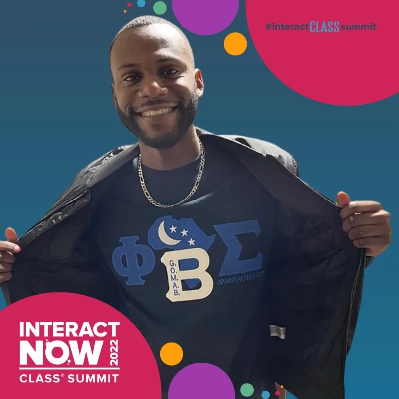 Photo booth snapshot of a guest showing a Phi Beta Sigma shirt on an Interact Now 2022 Class Summit frame