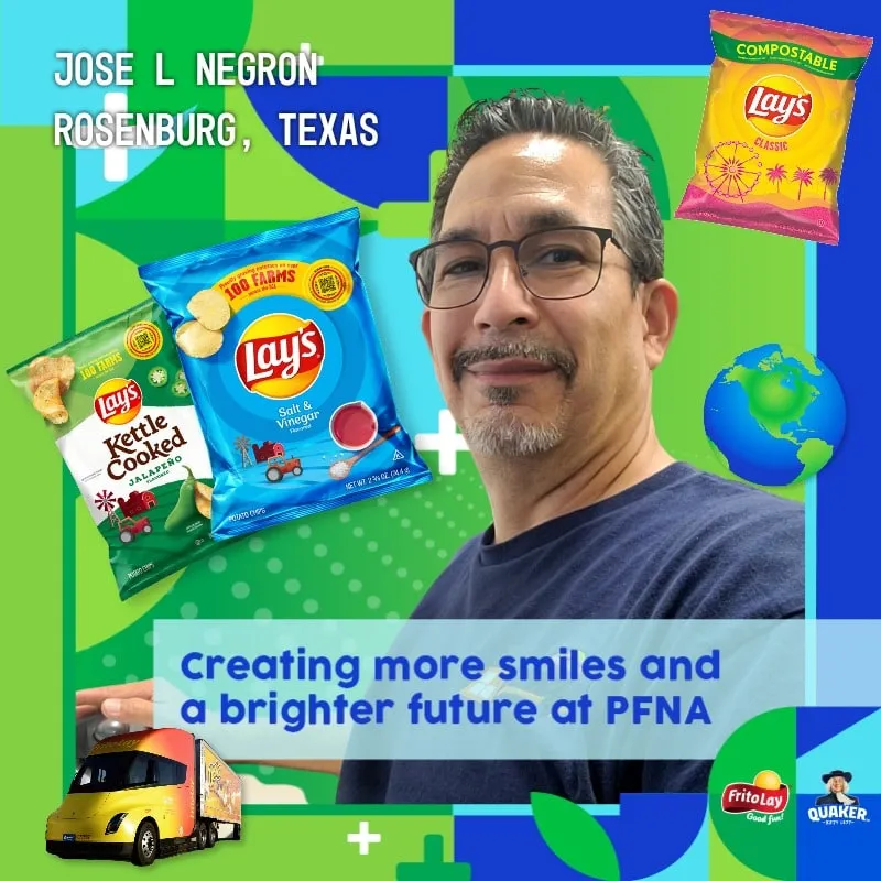 Photo booth snapshot of a guest among Lay's chip bags on a Frito-Lay PFNA frame about creating more smiles
