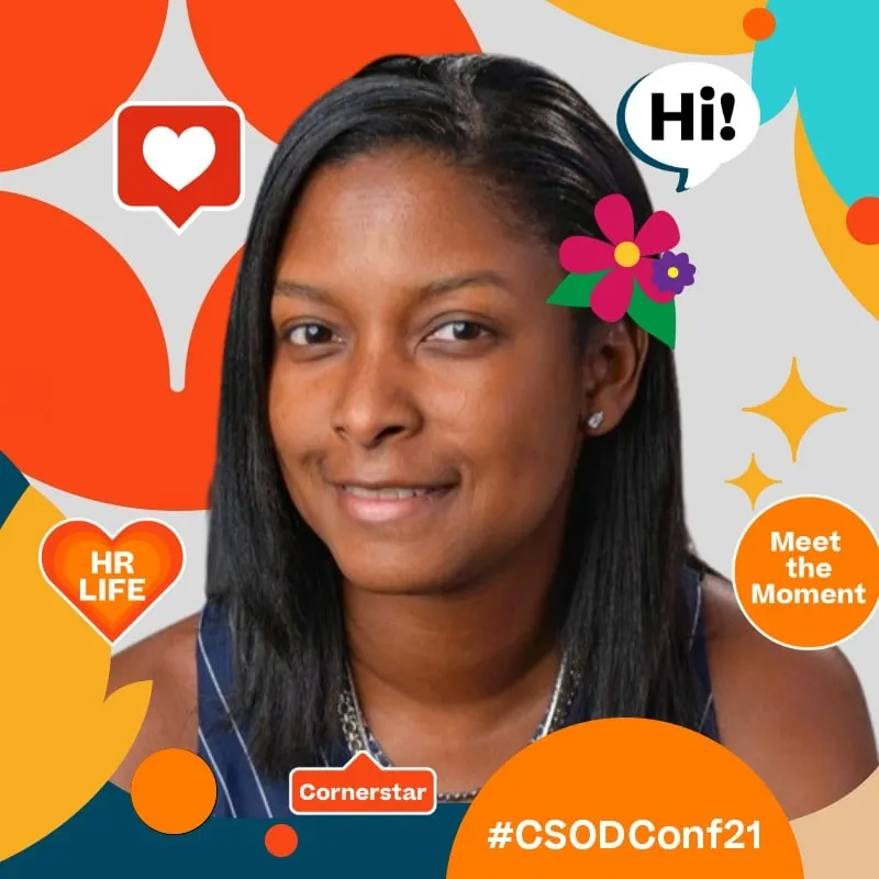 Photo booth snapshot of a guest on a Cornerstone CSOD Conf 21 frame with HR Life stickers