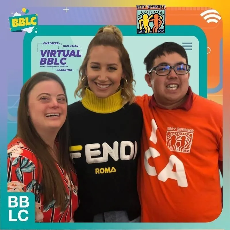 Photo booth snapshot of three guests on a Virtual BBLC Best Buddies leadership conference frame