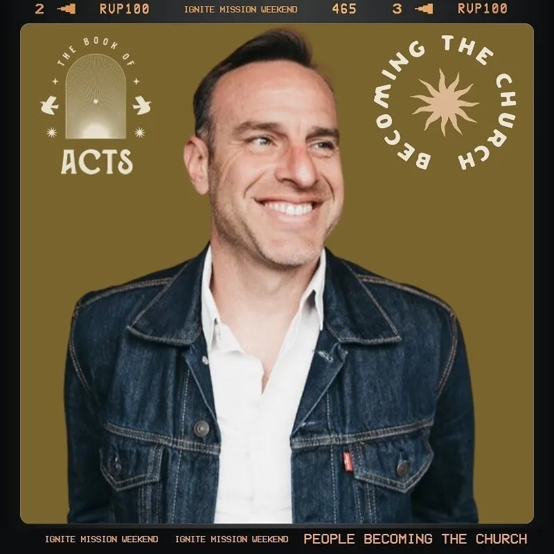 Photo booth snapshot of a guest in a denim jacket on a Book of Acts Becoming the Church mission weekend frame