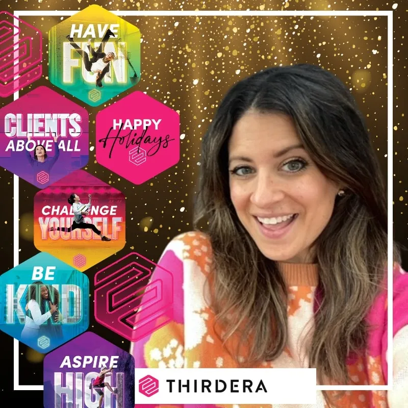 Photo booth snapshot of a guest on a gold Thirdera holiday frame surrounded by company value hexagons