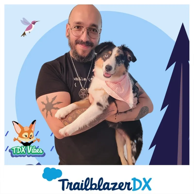 Photo booth snapshot of a guest holding his dog on a TrailblazerDX frame with TDX Vibes stickers