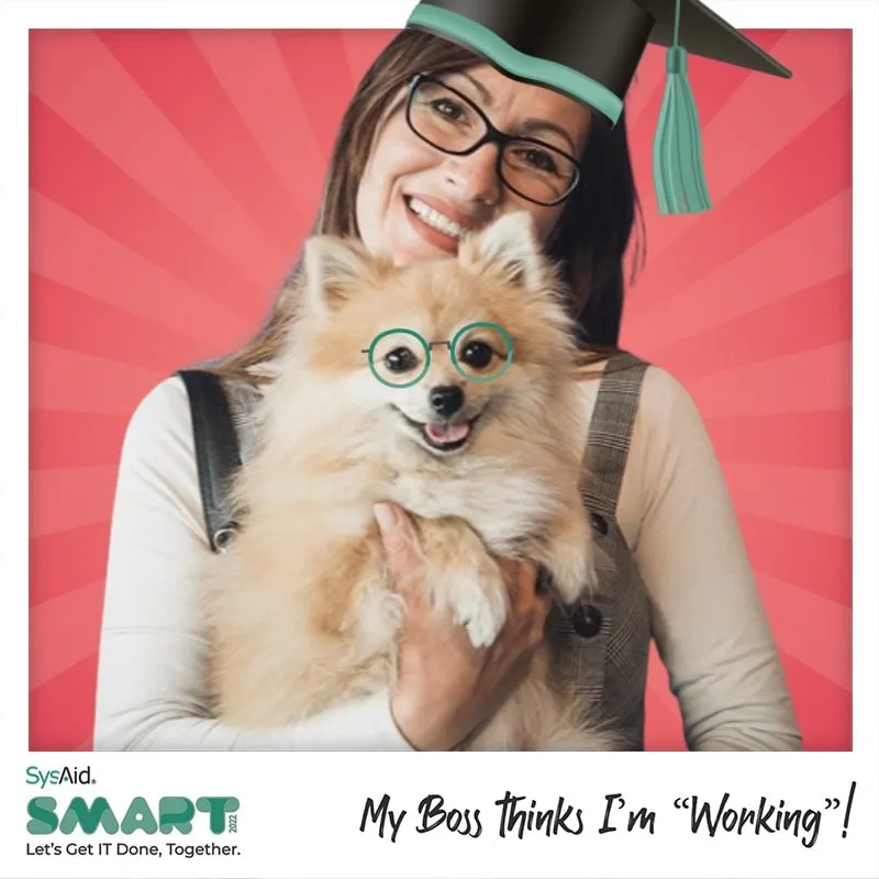 Photo booth snapshot of a guest and her Pomeranian in graduation caps on a SysAid Smart frame