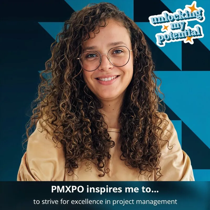 Photo booth snapshot of a guest on a PMXPO frame about striving for excellence in project management