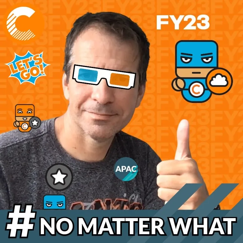 Photo booth snapshot of a guest in 3D glasses giving a thumbs up on an FY23 No Matter What kickoff frame