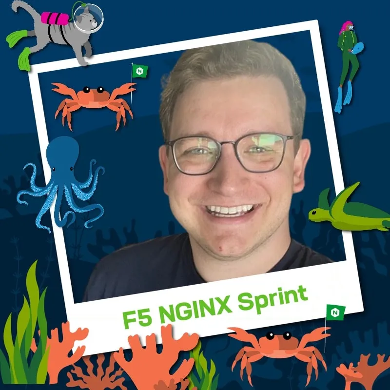 Photo booth snapshot of a guest on an underwater cartoon F5 NGINX Sprint frame
