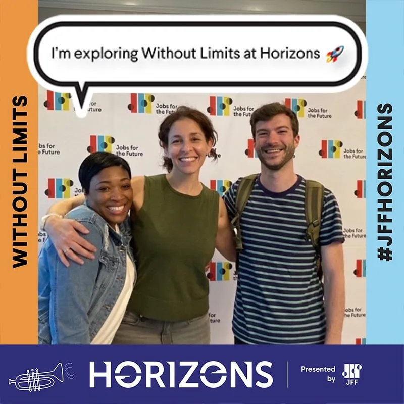 Photo booth snapshot of three guests on a Horizons frame reading I'm exploring Without Limits at Horizons