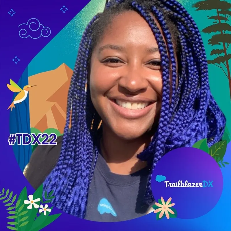 Photo booth snapshot of a guest with blue braids on a TrailblazerDX TDX22 frame