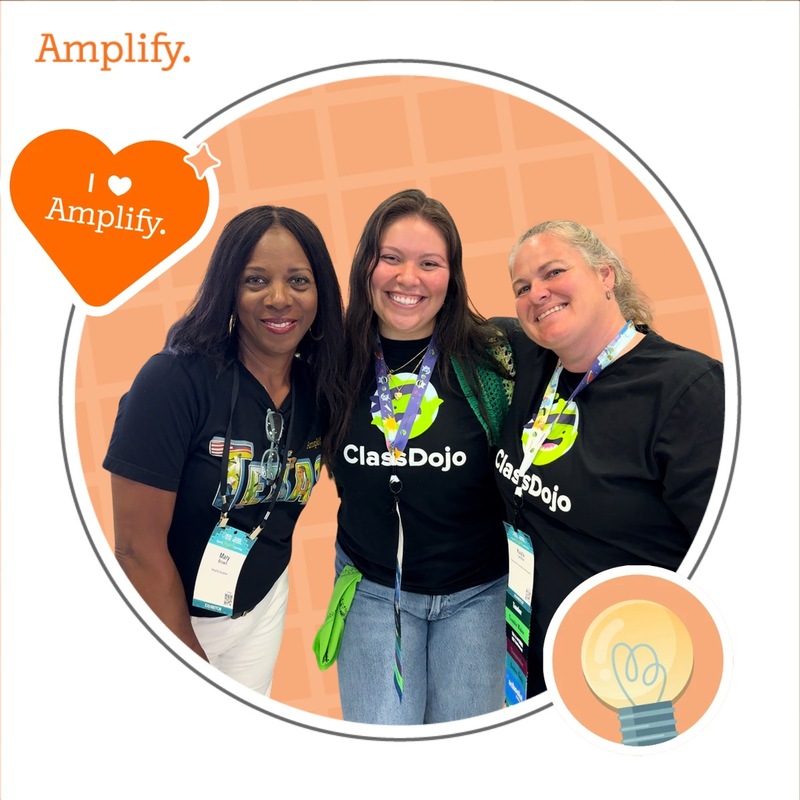Photo booth snapshot of three educators in ClassDojo shirts on an I Love Amplify frame