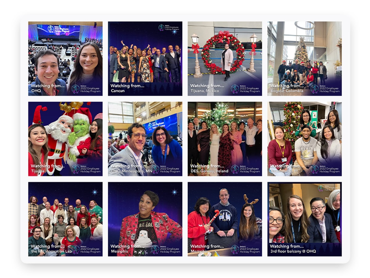 Gallery from a global company holiday program showing employee photos with custom location text