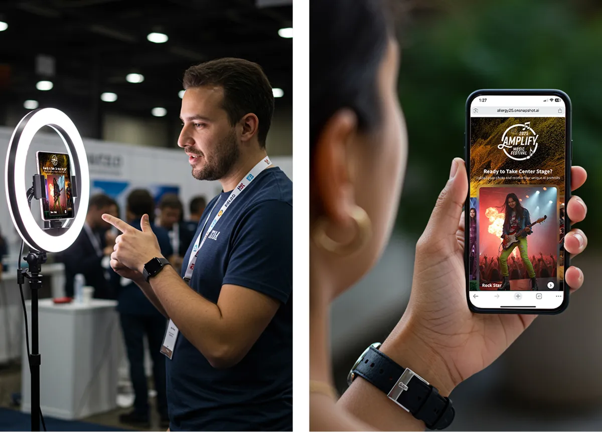 A guest captures at a ring-light station on a show floor, and a phone shows the AI portrait experience ready to open