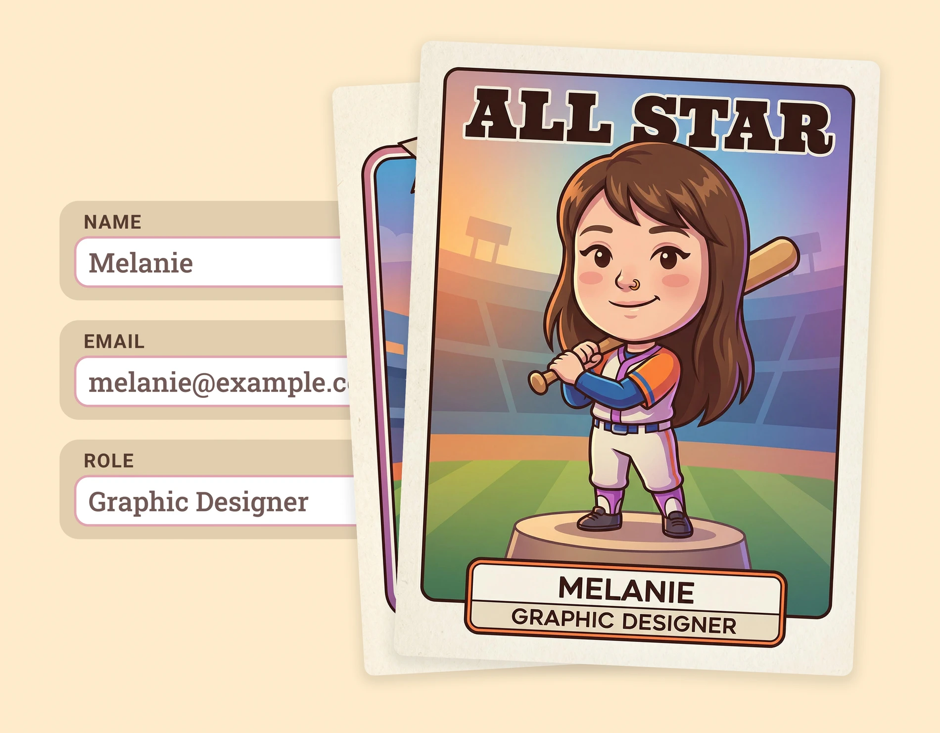 Digital trading card personalized with a guest's name and role from the data capture step