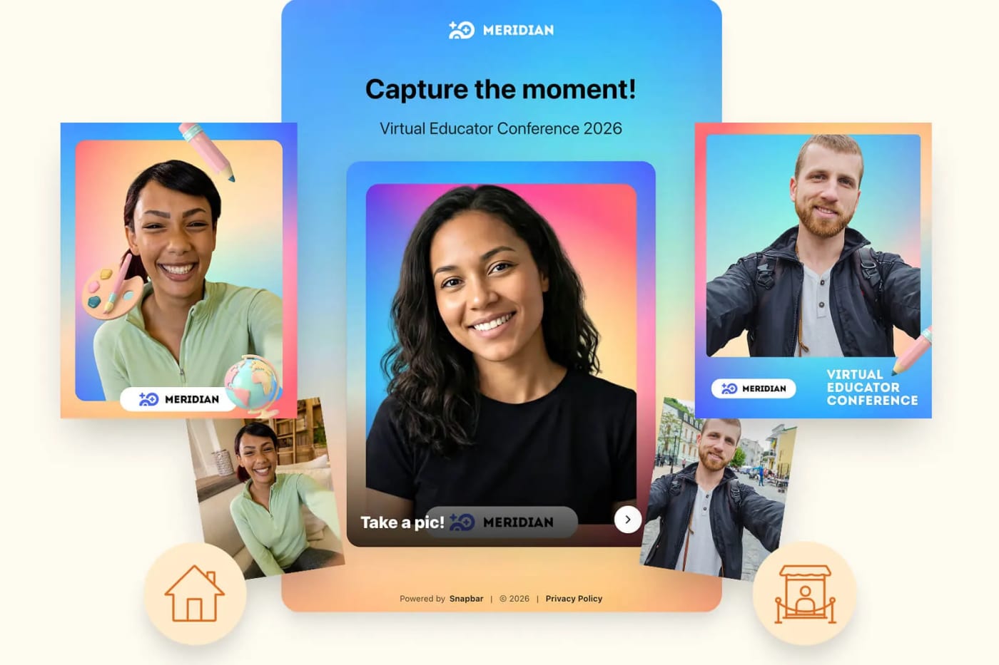 Virtual conference photo activation used by a guest at home and a guest out in the city on their own devices