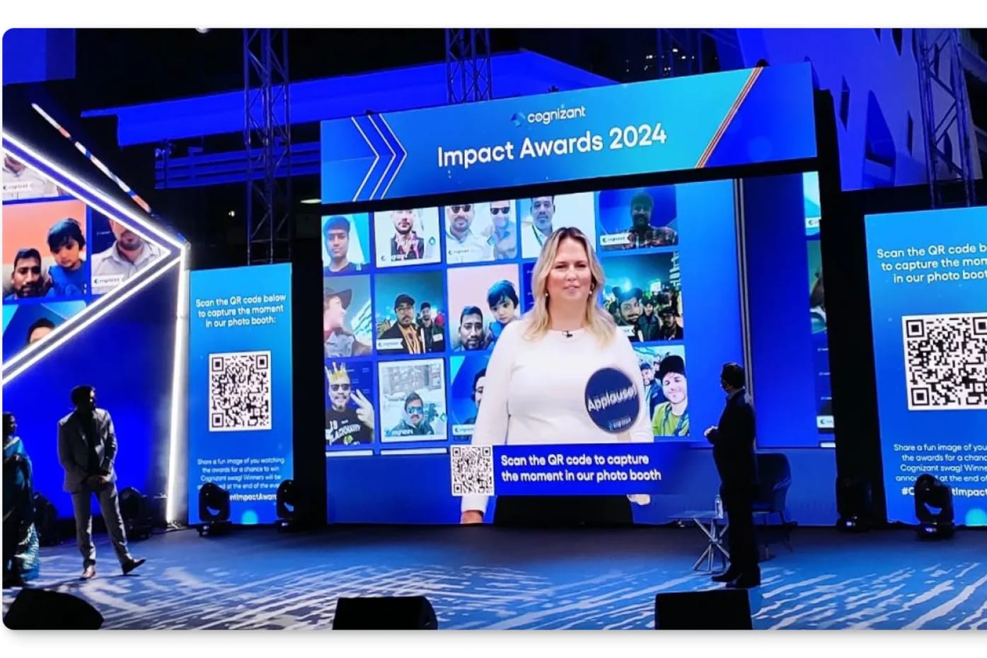 Live gallery of employee selfies from across a distributed team on the main stage screen at Cognizant's Impact Awards