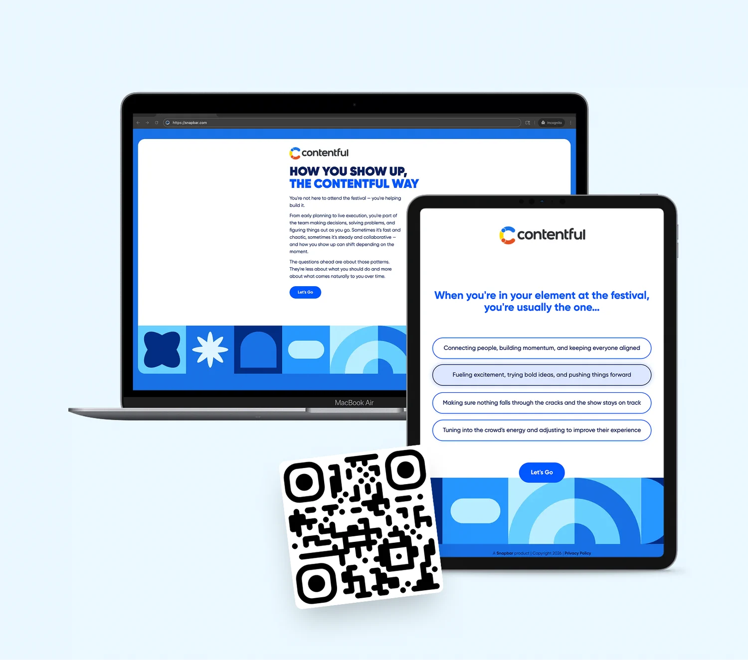 A Snapbar experience open in a laptop browser and on a tablet beside the QR code guests scan to join from their own phones