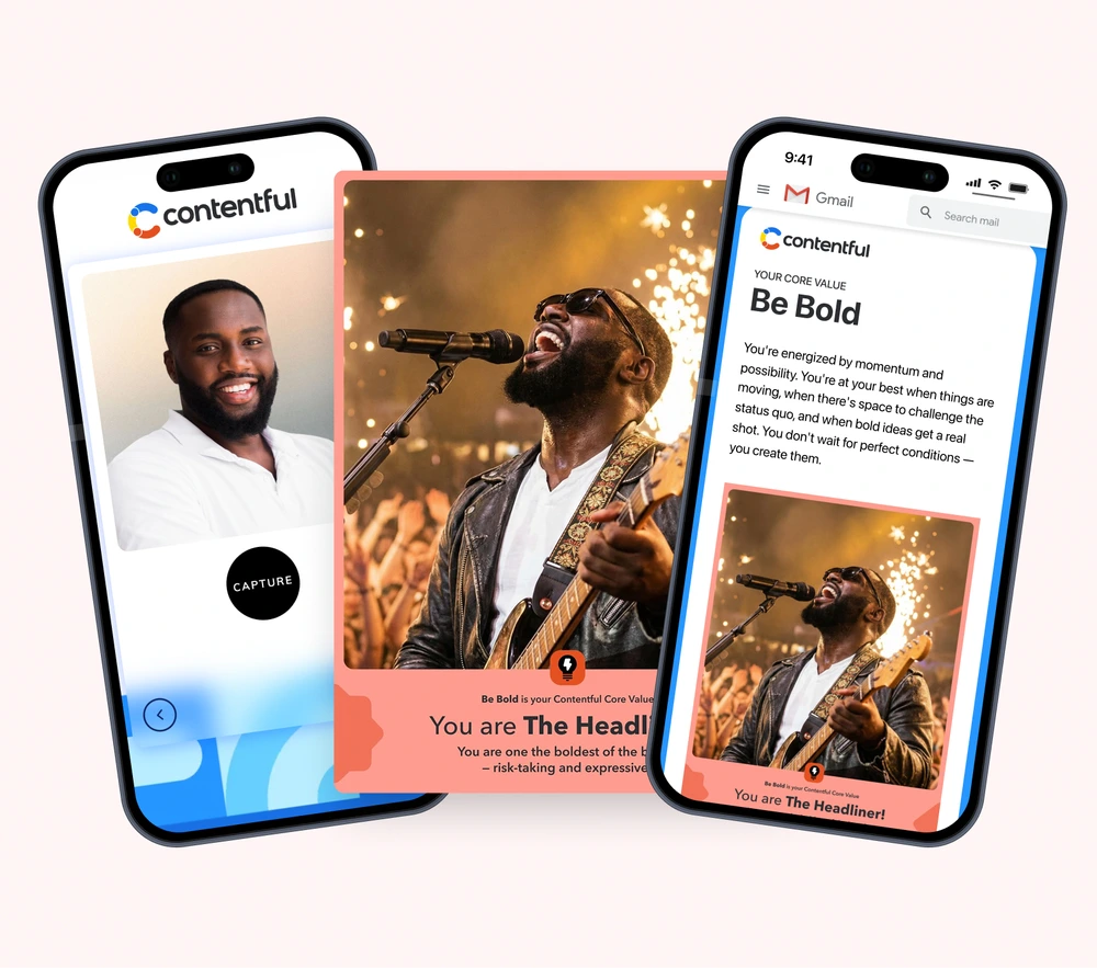 A Snapbar AI Photo Booth experience shown on three phones: the capture step, the finished brand-styled AI portrait, and the delivery email