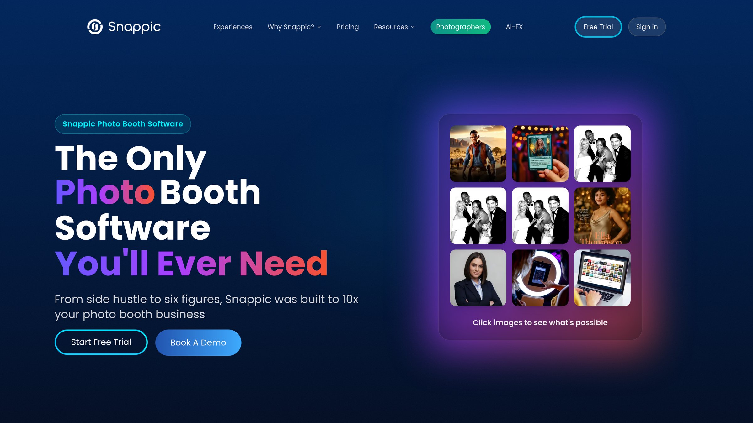 Snappic homepage hero with the headline The Only Photo Booth Software You'll Ever Need and the line about growing a photo booth business.