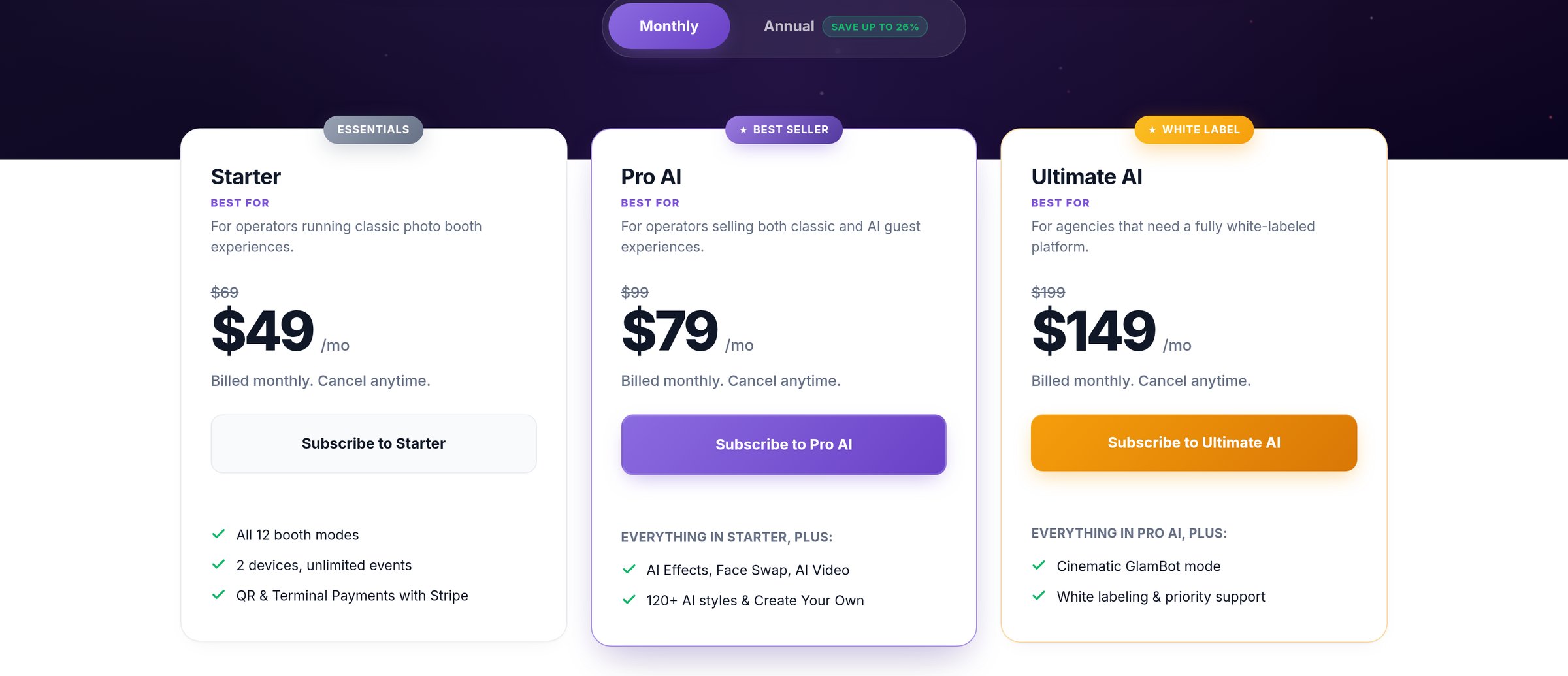Activation King's AI Photo Booth Pro pricing page showing Starter, Pro AI and Ultimate AI tiers.
