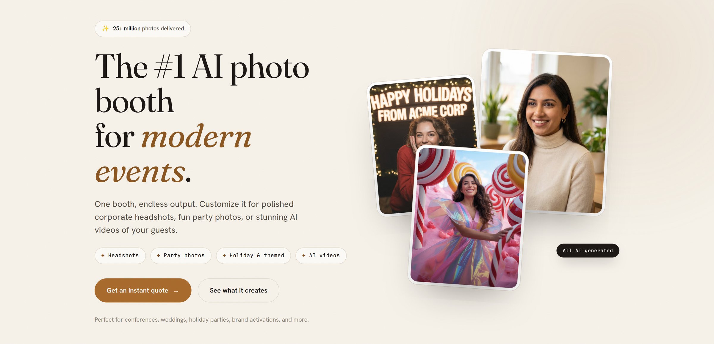 Dreamwave's AI photo booth page showing headshot and themed style examples.