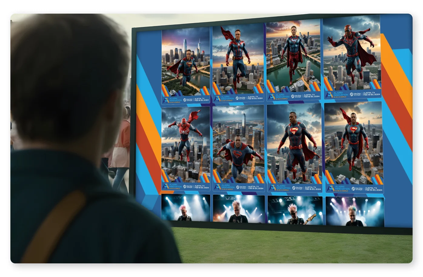 A guest watching a Snapbar slideshow display of branded AI superhero portraits from a conference activation on a large screen.