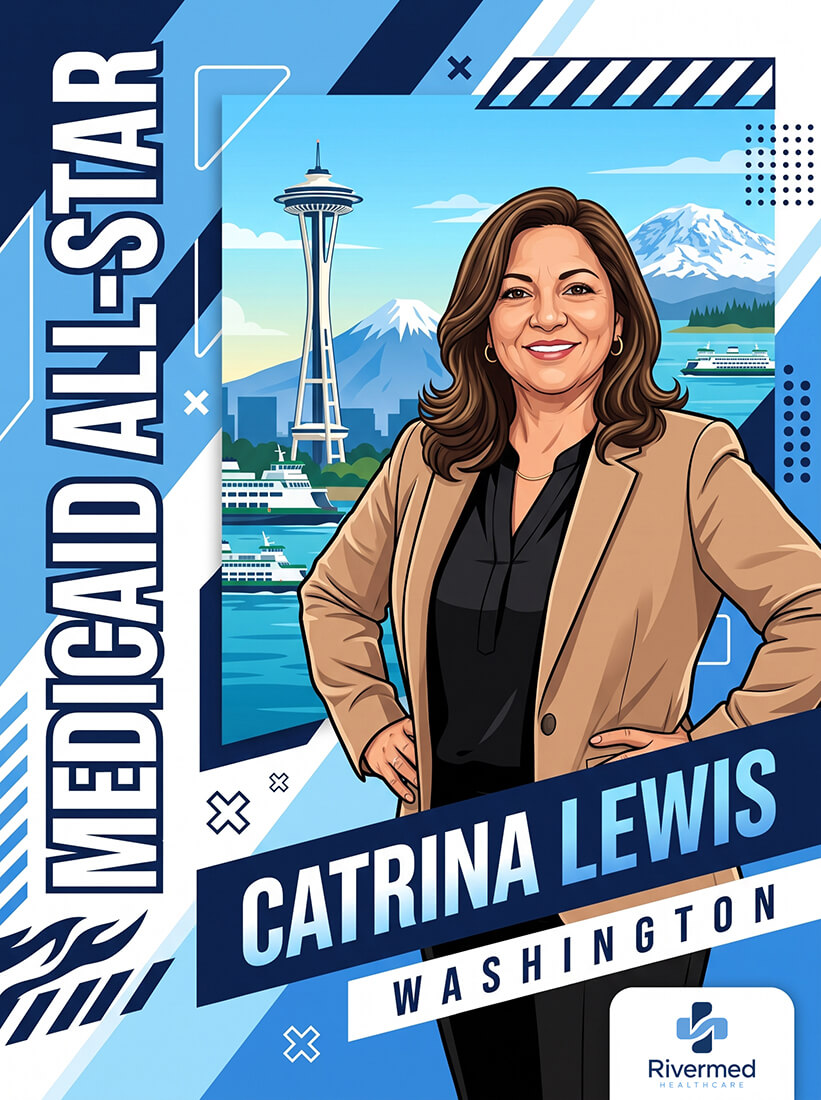 Healthcare company trading card featuring portrait of woman in Washington state.