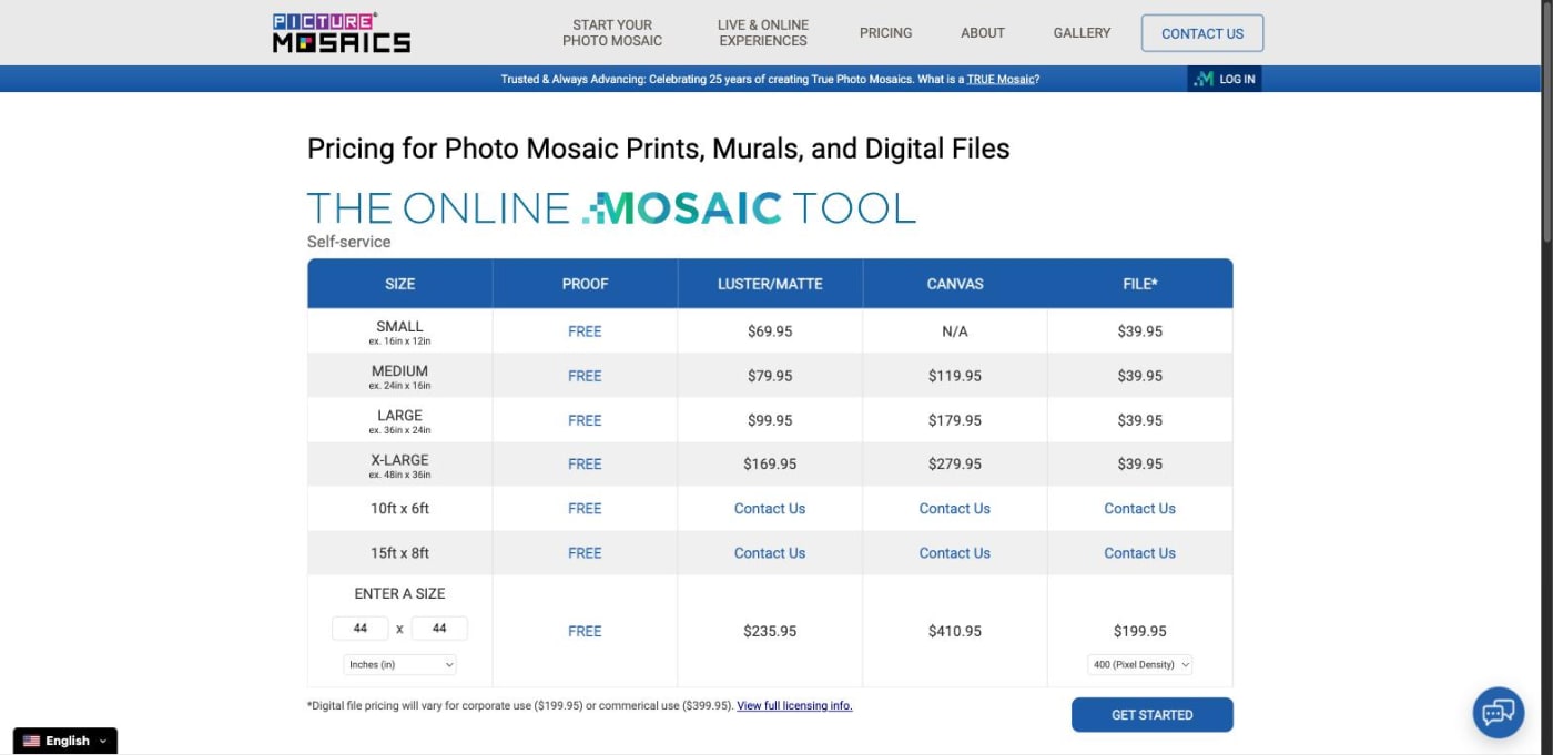 The Picture Mosaics pricing page for photo mosaic prints, murals and digital files, showing a free proof, digital files at $39.95 and prints from $69.95 to $279.95.