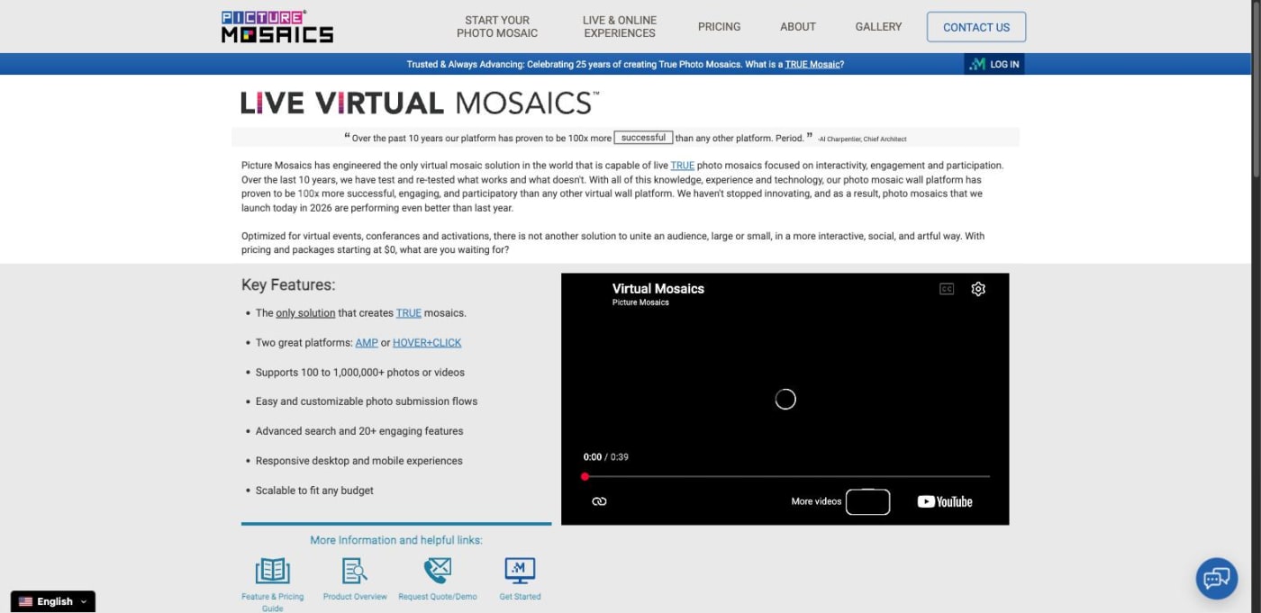The Picture Mosaics Live Virtual Mosaics page listing its key features, including two platforms, customizable photo submission flows and pricing starting at $0.