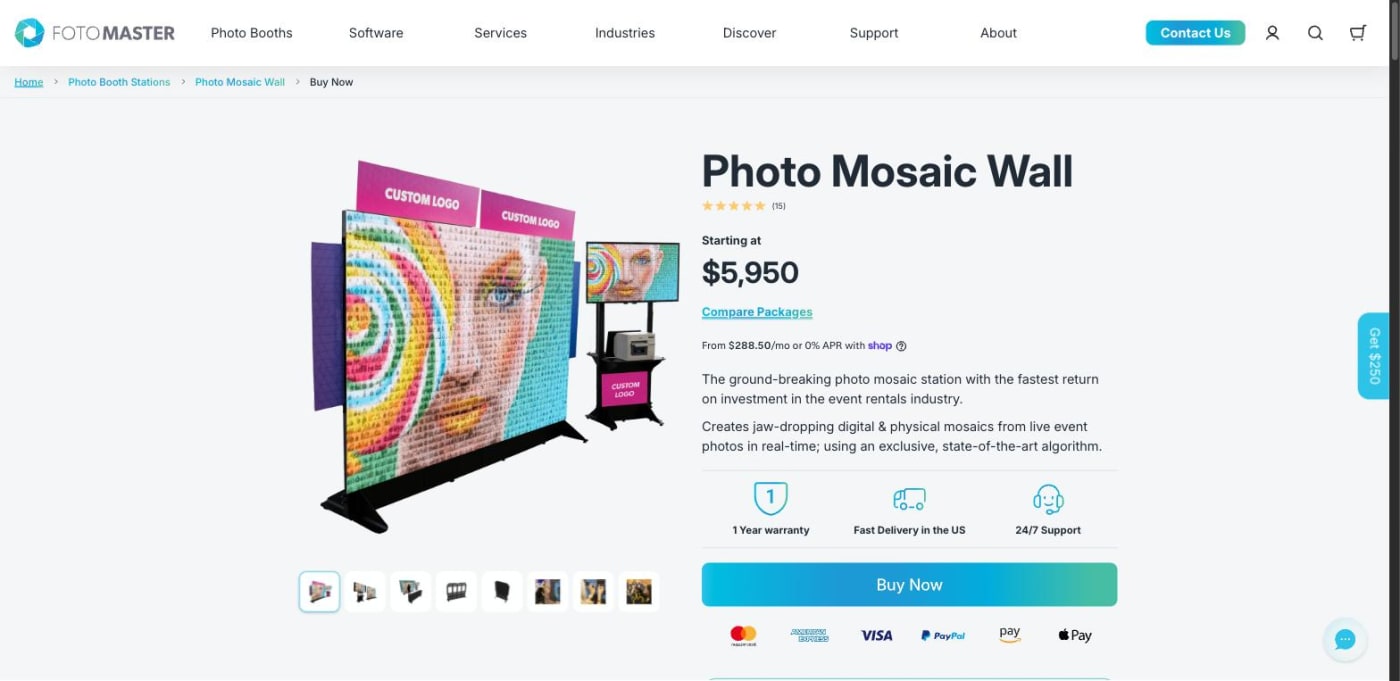The Foto Master Photo Mosaic Wall product page showing the modular tile board with custom logo banners, a TV on a stand with a label printer, and a starting price of $5,950.