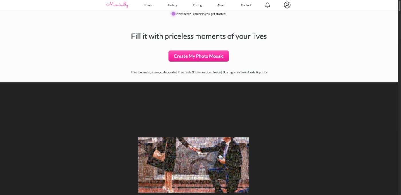 The Mosaically homepage inviting visitors to create a photo mosaic, with its free to create, share and collaborate offer.