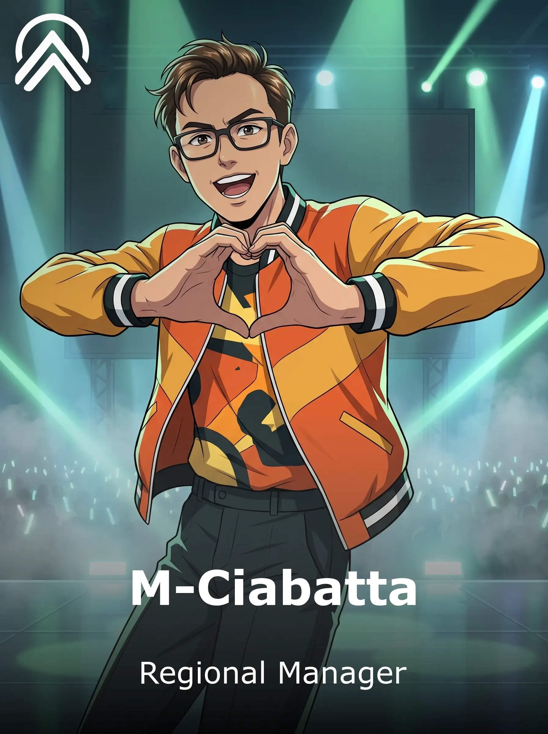 AI photo booth output in anime style: team member as a pop idol making a heart-hands pose on a concert stage, captioned M-Ciabatta, Regional Manager (client branded)