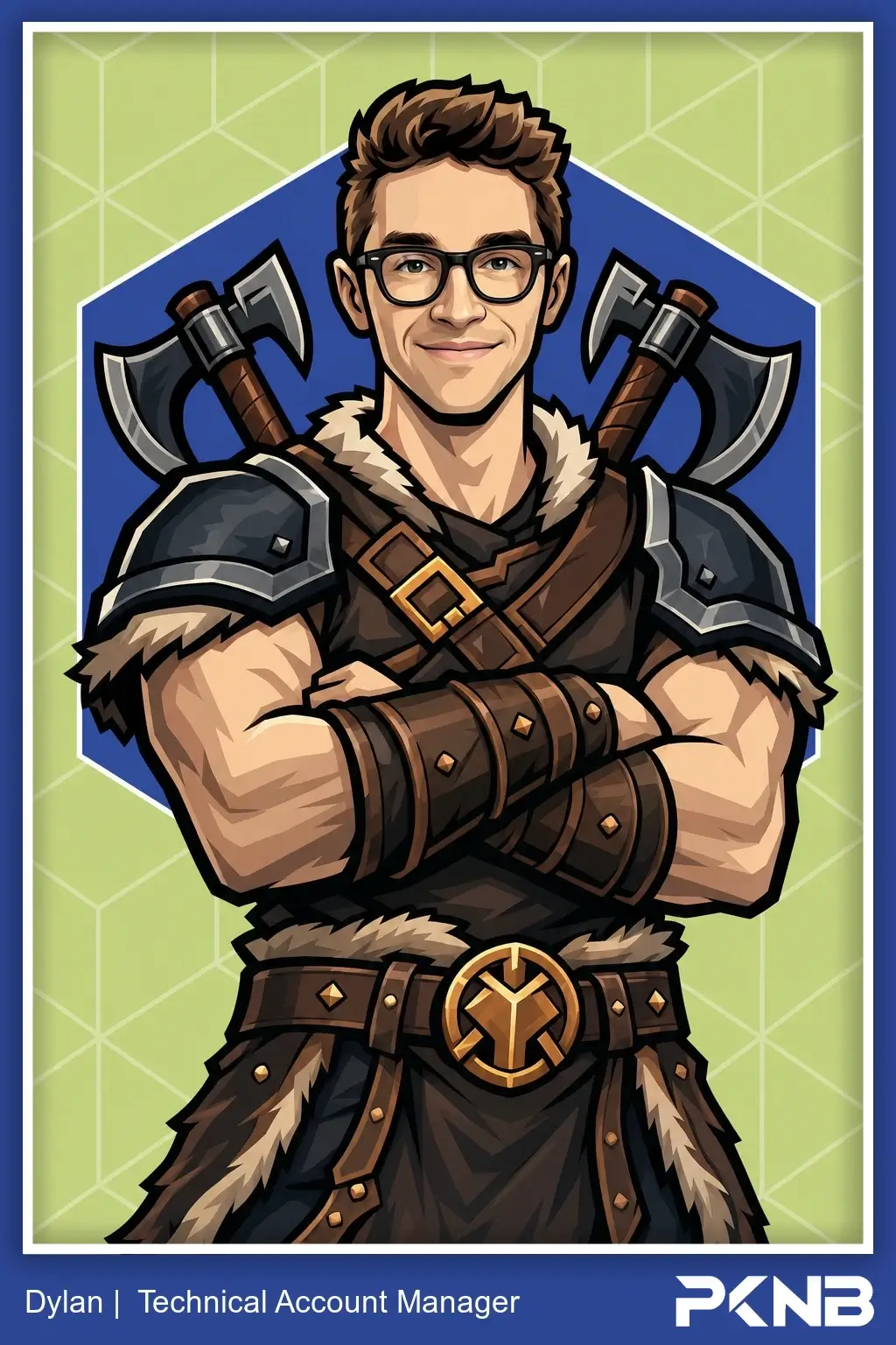 AI trading card output: team member illustrated as a cartoon viking warrior with crossed axes, captioned Dylan, Technical Account Manager, with PKNB logo (client branded)