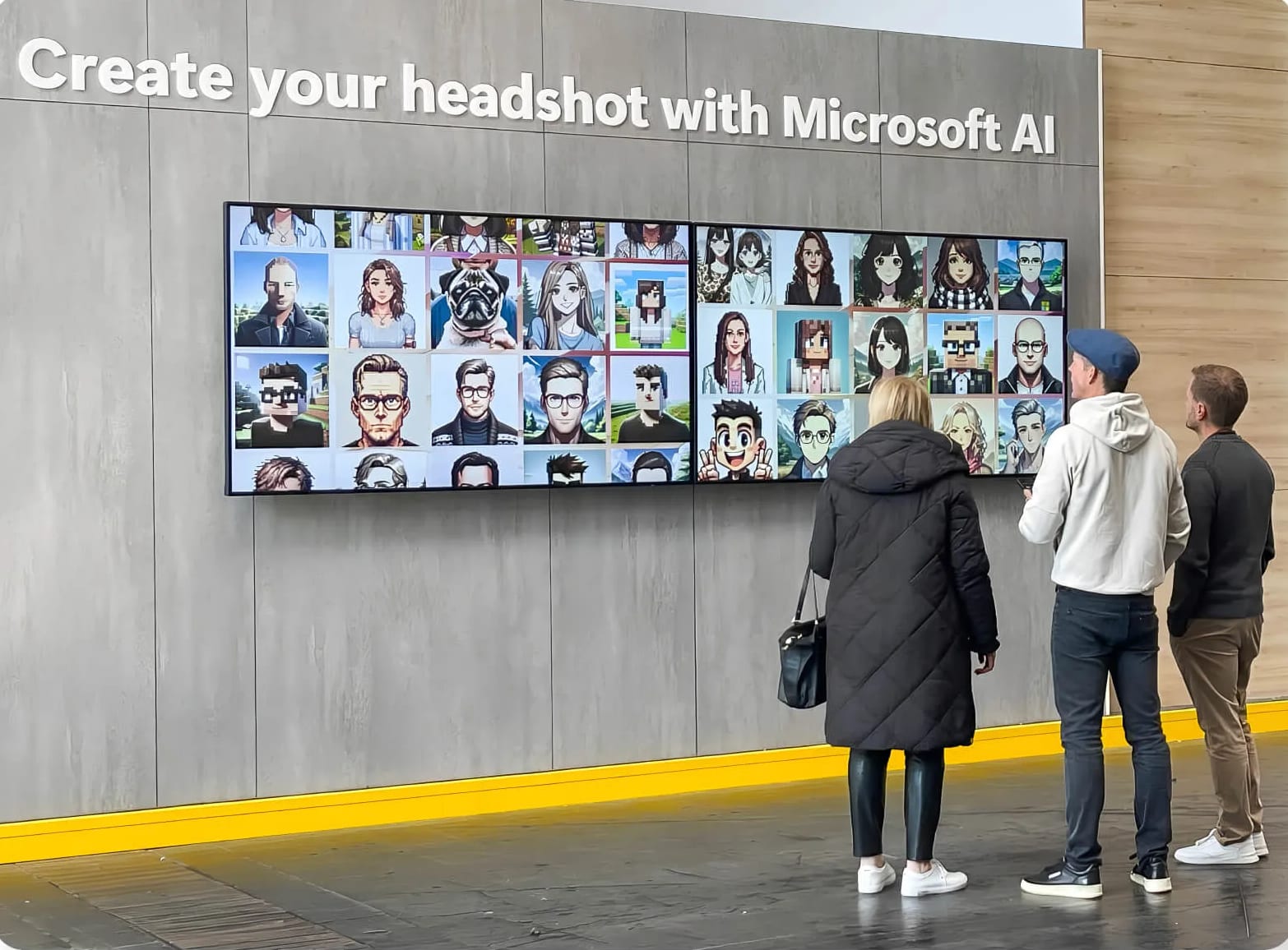 Three event attendees looking at a long wall display filled with AI-generated guest portraits