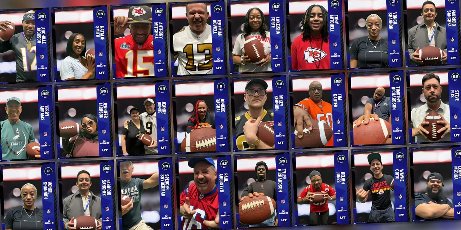 Grid of personalized football trading cards, each featuring a different fan photographed at the event