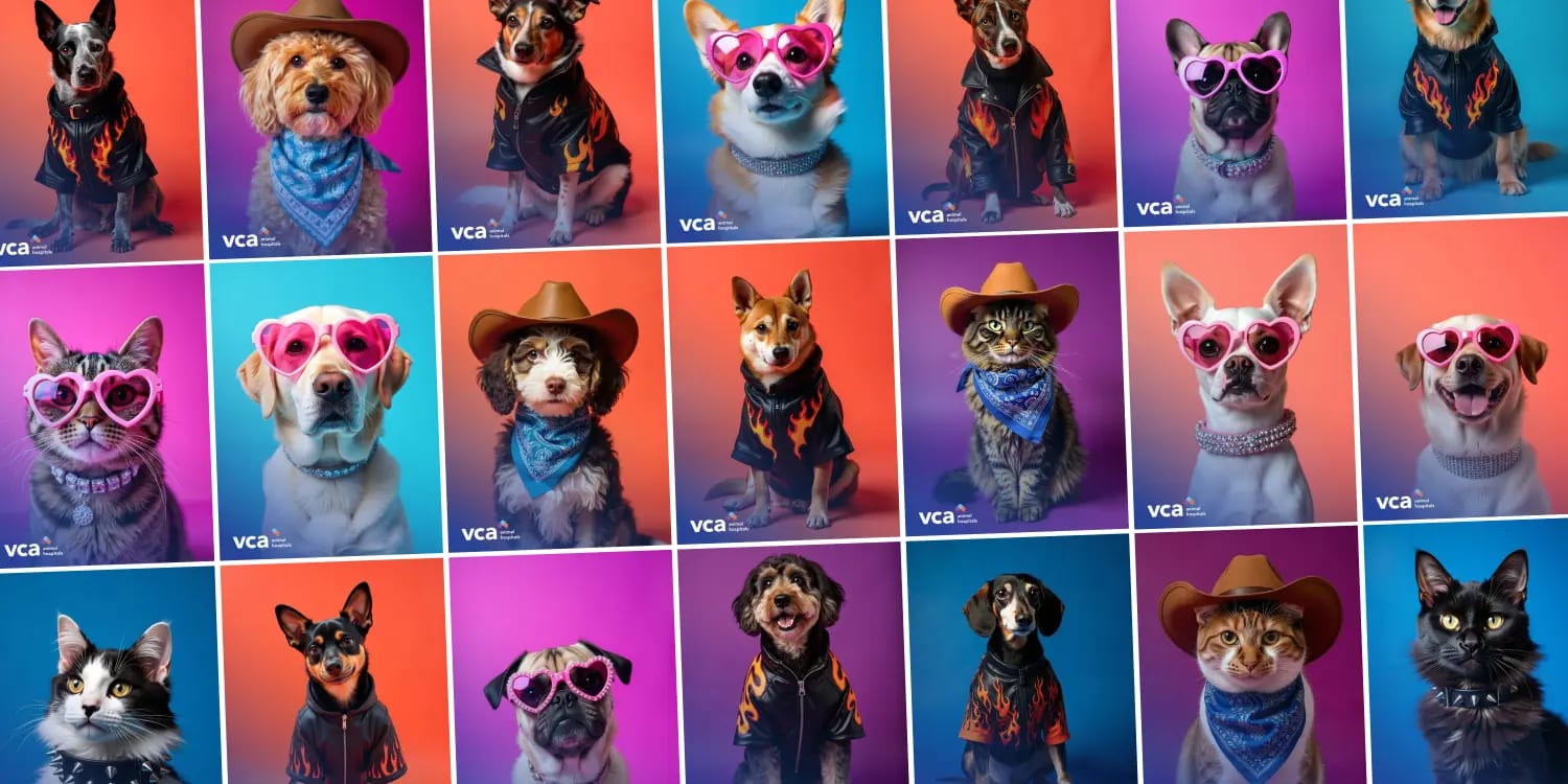 A grid of AI-styled VCA pet portraits showing dogs and cats in cowboy hats, heart-shaped sunglasses and flame jackets