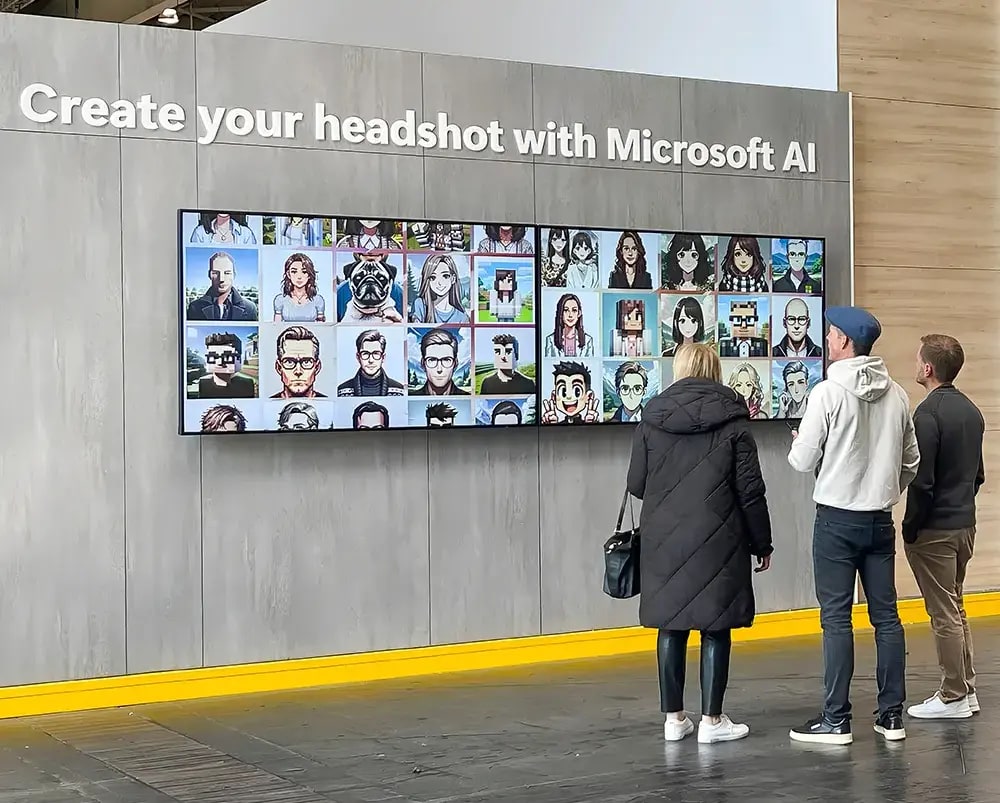 Three visitors stand in front of a large wall display filled with AI-styled portraits at a Microsoft activation