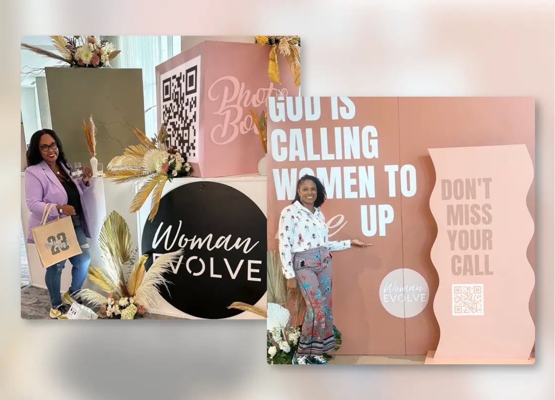 Two photos from a Woman Evolve event: a guest beside a pink cube printed with a large scan code, and a guest at a branded backdrop beside a scan-code sign