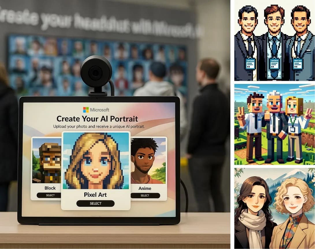 A tablet at a Microsoft activation showing three AI portrait styles to pick from, next to three examples of the finished stylized portraits guests received