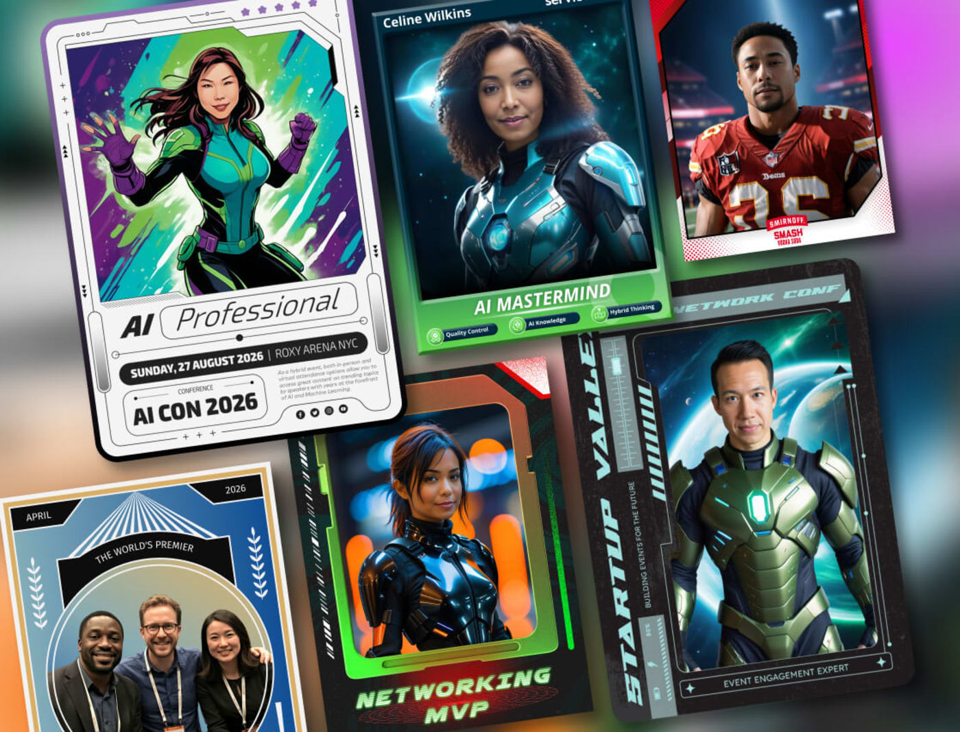 Branded event trading cards from several activations, each showing a different guest and a per-card title such as AI Mastermind or Networking MVP