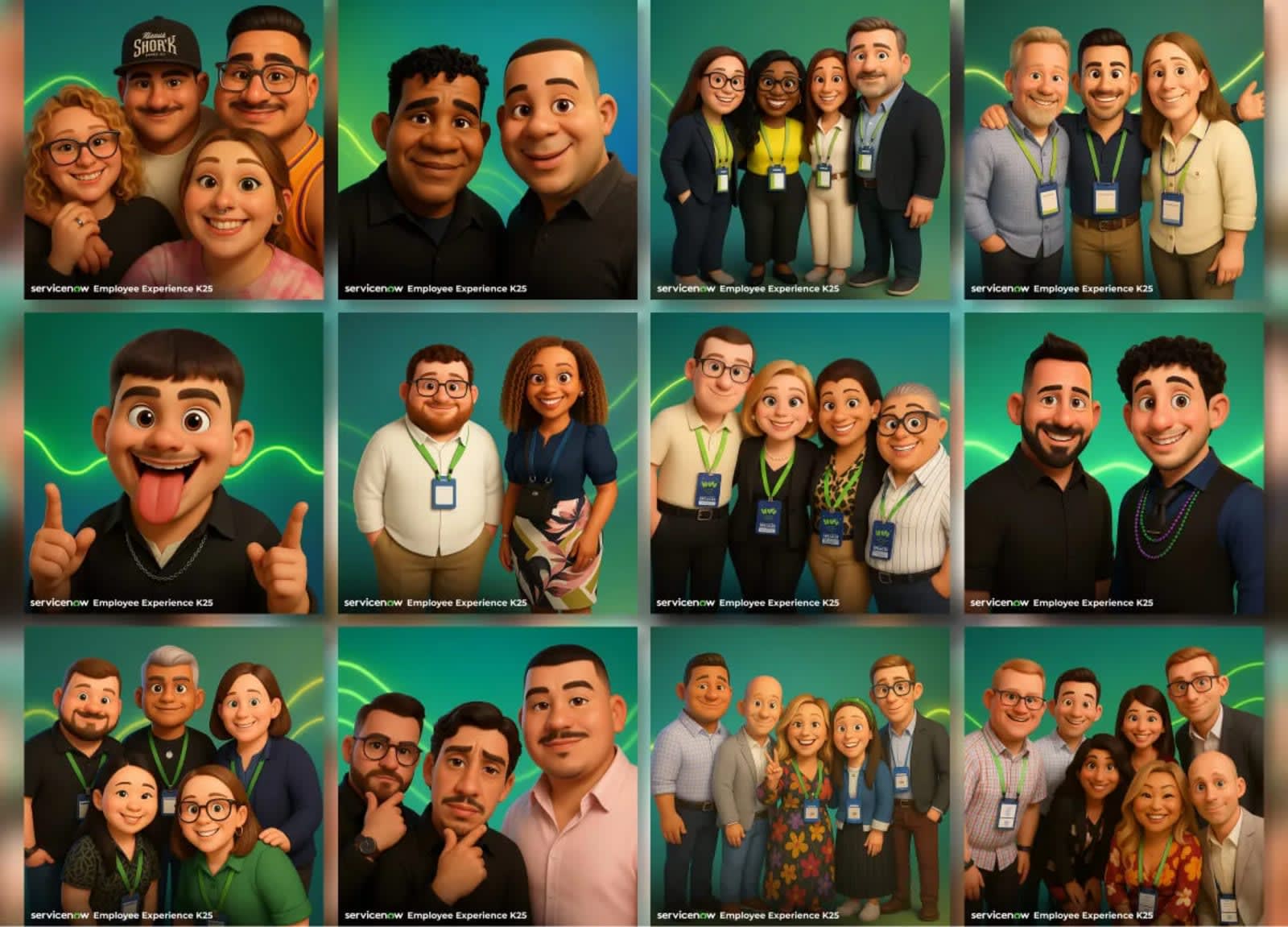 Grid of branded AI portraits from a ServiceNow conference activation, most of them showing groups of two to four colleagues in one capture