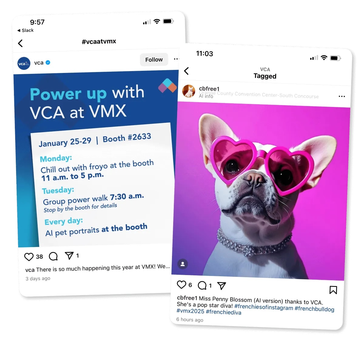 Two phone screens: VCA's own social post promoting AI pet portraits at its VMX booth, and an attendee's post of her French bulldog's AI portrait tagged to VCA