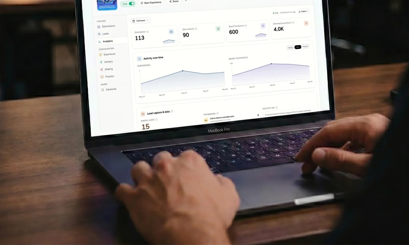 A laptop showing an event analytics dashboard with participation counts and an activity chart over time