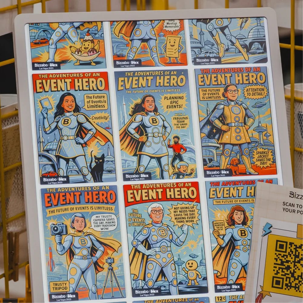 A display panel at a trade show stand filled with comic-book portraits of different guests, each styled as an Event Hero