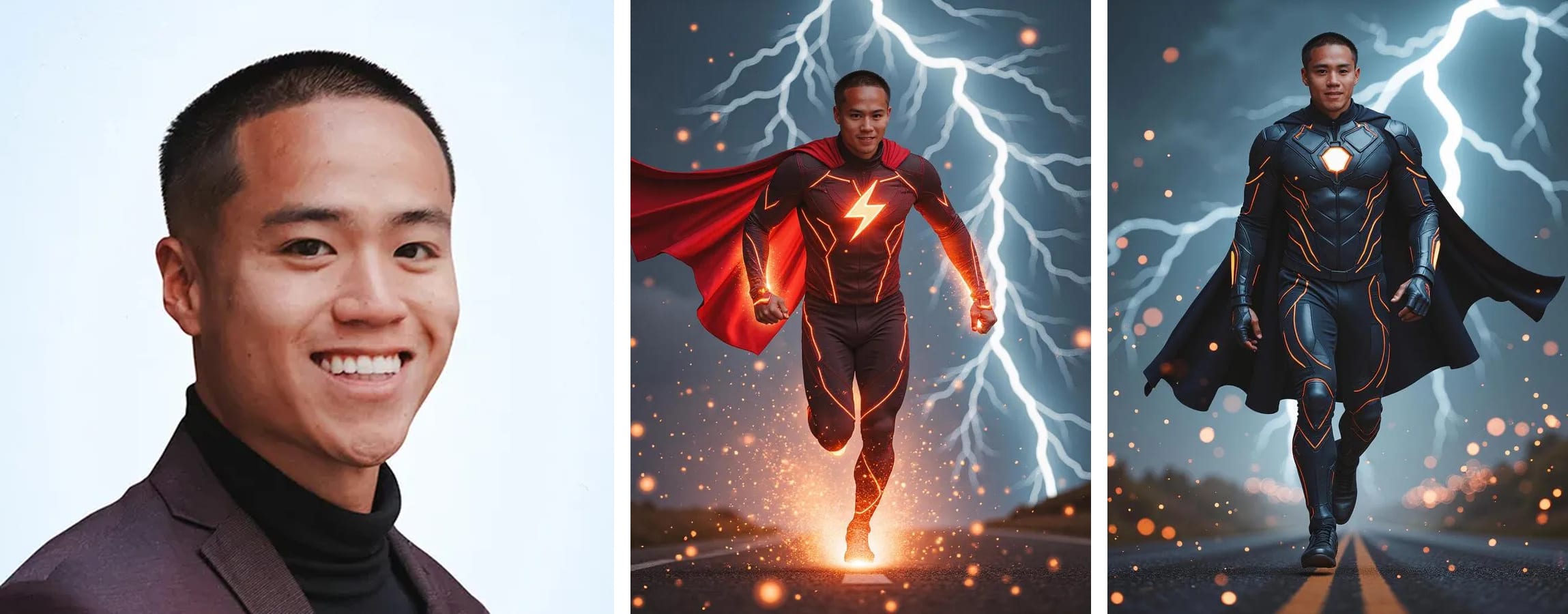 A guest's original headshot beside two AI portraits of the same man as a superhero, one in a red caped suit and one in dark armor