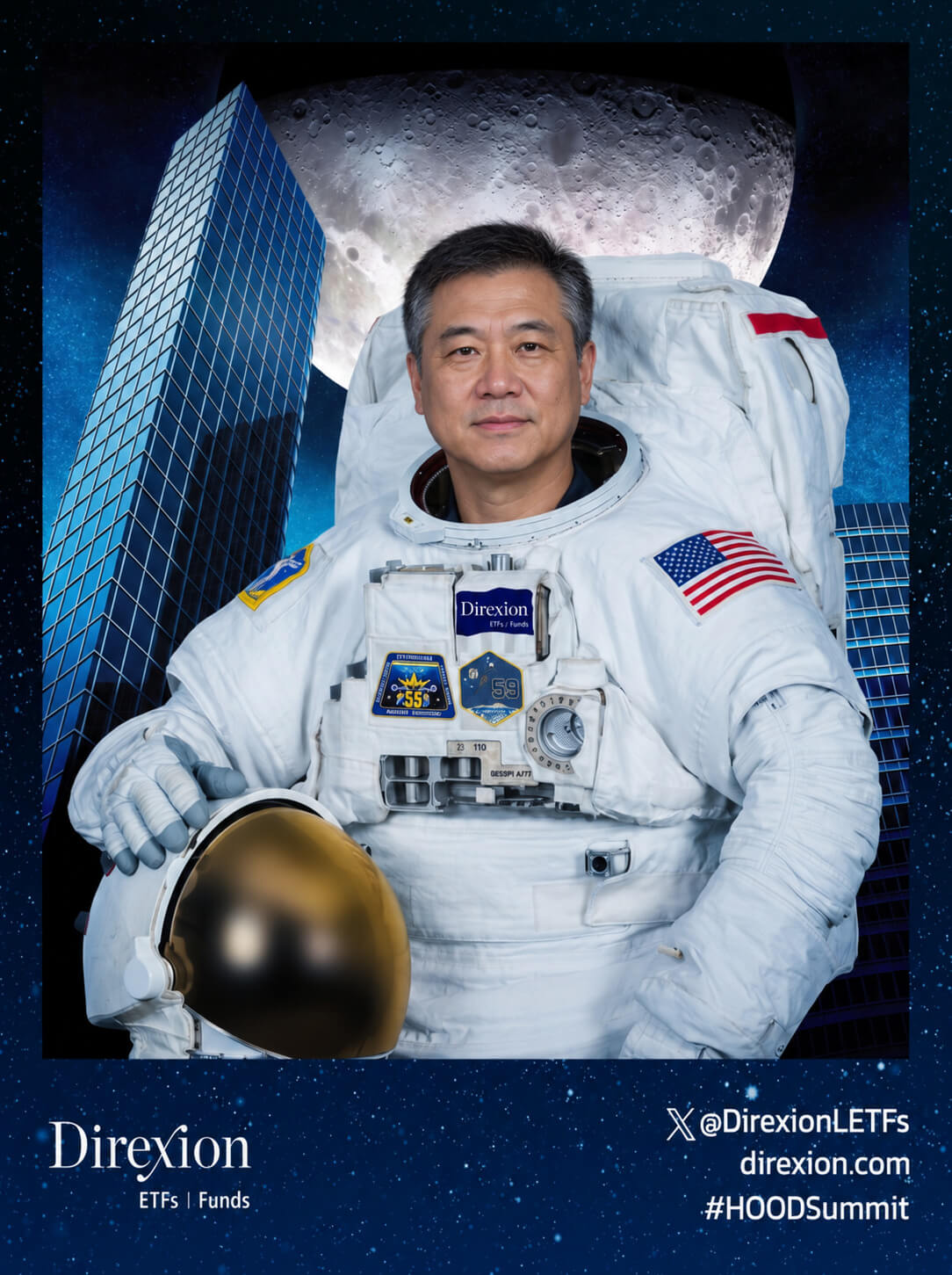 AI photo booth output: attendee as an astronaut holding a gold-visor helmet in front of a moonlit city skyline, with Direxion and #HOODSummit branding (client branded)